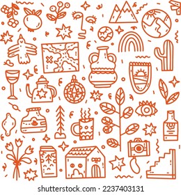 Hand drawn doodle illustrstion, marker outlines. Red and white vector. Different elements: food, bird, mountains, map, plants, dishes, abstract element