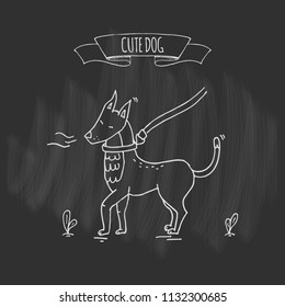 Hand drawn doodle image of cute dog on a leash sniffing tree icon Vector illustration set. Cartoon normal everyday home pets activities symbol. Sketchy curious puppy walk
