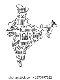 Hand drawn doodle India map. India city names lettering and cartoon landmarks, tourist attractions cliparts. travel, trip comic infographic poster, banner concept design. 