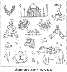Hand drawn doodle India symbols set. Sketchy Icons set. Travel Collection. Isolated vector illustration.