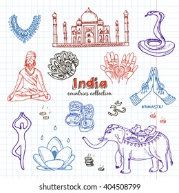 Hand drawn doodle India symbols set. Sketchy Icons set. Travel Collection. Isolated vector illustration.