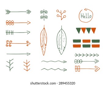 Hand drawn doodle indian, aztec traditional elements, arrows, feathers, borders