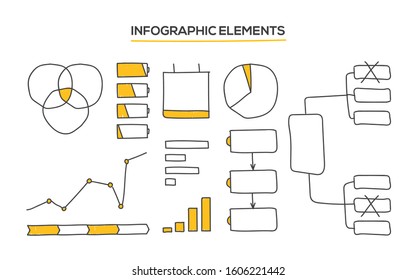 Hand drawn doodle infographic. Charts, batteries, diagrams and progress bar. Simple elements for your website, poster or presentation.
