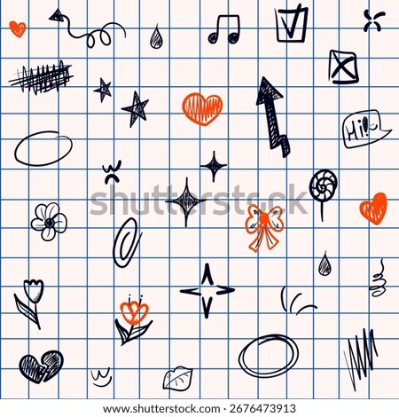 Hand drawn doodle ink pen line element seamless pattern on notebook grid background
