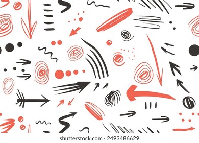 Hand drawn doodle ink thinking plan concept. Business seamless pattern. Drawing sketch red arrows ideas diagram vector illustration