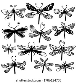 Hand drawn doodle insect elements. Line set of dragonflies. Dragonfly hand drawn vector illustration isolated on white background.