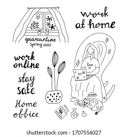 Hand drawn doodle insulation set. Work home, online, stay safe. Girl sitting in an arm chair working on a laptop. Cat lies at her feet. In the window is sun and bacterium. Vector stock illustration.
