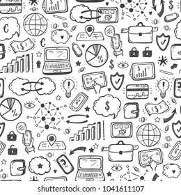 Hand drawn Doodle Internet of Things, Stock market, Cloud Computing Technology, Financial and Business Icons Vector Seamless pattern