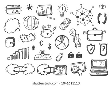 Hand drawn Doodle Internet of Things, Stock market, Cloud Computing Technology, Financial and Business Icons Vector Set