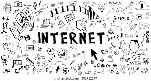 Hand drawn doodle Internet / Web icon set. Vector Illustration design elements (laptop, technical, arrow, social, browser.