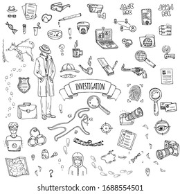 Hand Drawn Doodle Investigation Icons Set. Vector Illustration. Investigative Discovery Elements Collection. Cartoon Detective Various Sketch Symbol: Private Investigator, Dog, Magnifier, Crime Scene