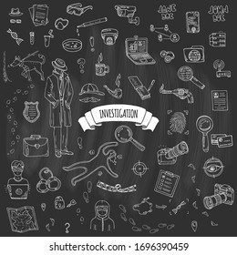 Hand Drawn Doodle Investigation Icons Set. Vector Illustration. Investigative Discovery Elements Collection. Cartoon Detective Various Sketch Symbol: Private Investigator, Dog, Magnifier, Crime Scene