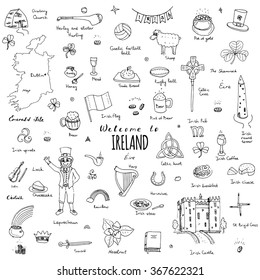 Hand drawn doodle Ireland set Vector illustration Sketchy Irish traditional food icons Republic of Ireland elements Flag Map Celtic Cross Knot Castle Leprechaun Shamrock Harp Pot of gold Travel icons