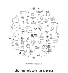 Hand drawn doodle Ireland set Vector illustration Sketchy Irish traditional food icons Republic of Ireland elements Flag Map Celtic Cross Knot Castle Leprechaun Shamrock Harp Pot of gold Travel icons