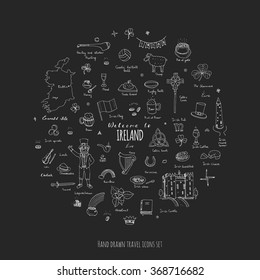 Hand drawn doodle Ireland set Vector illustration Sketchy Irish traditional food icons Republic of Ireland elements Flag Map Celtic Cross Knot Castle Leprechaun Shamrock Harp Pot of gold Travel icons