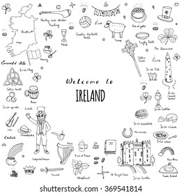 Hand drawn doodle Ireland set Vector illustration Sketchy Irish traditional food icons Republic of Ireland elements Flag Map Celtic Cross Knot Castle Leprechaun Shamrock Harp Pot of gold Travel icons