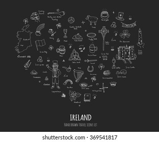 Hand drawn doodle Ireland set Vector illustration Sketchy Irish traditional food icons Republic of Ireland elements Flag Map Celtic Cross Knot Castle Leprechaun Shamrock Harp Pot of gold Travel icons