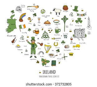 Hand drawn doodle Ireland set Vector illustration Sketchy Irish traditional food icons Republic of Ireland elements Flag Map Celtic Cross Knot Castle Leprechaun Shamrock Harp Pot of gold Travel icons