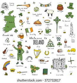 Hand drawn doodle Ireland set Vector illustration Sketchy Irish traditional food icons Republic of Ireland elements Flag Map Celtic Cross Knot Castle Leprechaun Shamrock Harp Pot of gold Travel icons