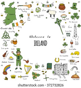 Hand drawn doodle Ireland set Vector illustration Sketchy Irish traditional food icons Republic of Ireland elements Flag Map Celtic Cross Knot Castle Leprechaun Shamrock Harp Pot of gold Travel icons