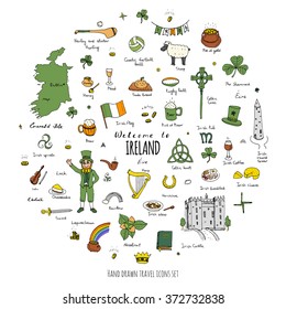 Hand drawn doodle Ireland set Vector illustration Sketchy Irish traditional food icons Republic of Ireland elements Flag Map Celtic Cross Knot Castle Leprechaun Shamrock Harp Pot of gold Travel icons