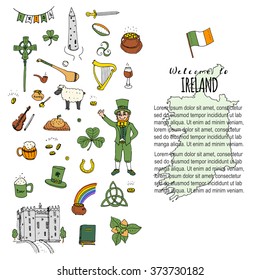 Hand drawn doodle Ireland set Vector illustration Sketchy Irish traditional food icons Republic of Ireland elements Flag Map Celtic Cross Knot Castle Leprechaun Shamrock Harp Pot of gold Travel icons