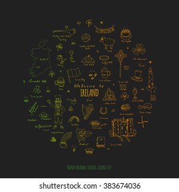Hand drawn doodle Ireland set Vector illustration Sketchy Irish traditional food icons Republic of Ireland elements Flag Map Celtic Cross Knot Castle Leprechaun Shamrock Harp Pot of gold Travel icons