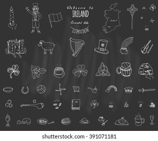 Hand drawn doodle Ireland set Vector illustration Sketchy Irish traditional food icons Republic of Ireland elements Flag Map Celtic Cross Knot Castle Leprechaun Shamrock Harp Pot of gold Travel icons