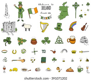 Hand drawn doodle Ireland set Vector illustration Sketchy Irish traditional food icons Republic of Ireland elements Flag Map Celtic Cross Knot Castle Leprechaun Shamrock Harp Pot of gold Travel icons