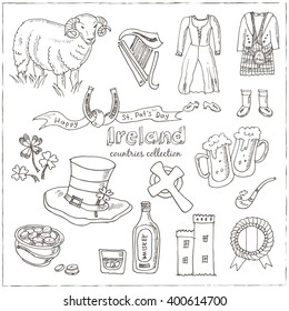 Hand drawn doodle Ireland symbols set. Sketchy Icons set. Travel  Collection. Isolated vector illustration.