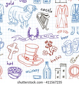 Hand drawn doodle Ireland symbols seamless pattern . Travel  Collection. Isolated vector illustration.