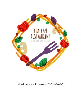 Hand drawn doodle isolated frame with italian spaghetti, tomato, basil, fork. Vector logo, emblem design template. Concept for pasta label, restaurant menu, cafe, fast food or pizzeria.