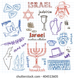 Hand drawn doodle Israel symbols set. Sketchy Icons set. Travel Collection. Isolated vector illustration.