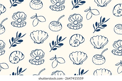 Hand drawn doodle italian food seamless pattern. Chalk crayon blue sketch dish with tropical fruits, olives, mediterranean seafood, oyster, italy ingredients for menu. Vector illustration.