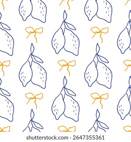 Desenhado à mão rabiscar o padrão de verão italiano com limão. Estilo de vida Dolce Vita. Fundo do vetor de frutas tropicais. Vida lenta, impressão da costa de Amalfi para papel, tampa, tecido.