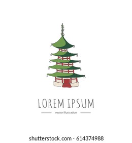 Hand drawn doodle Japan related icon. Vector illustration. Sketch style pagoda. Japanese element: temple, ancient building, architecture, buddhism religious symbol, colorful, green, red colors