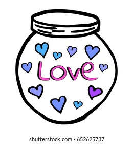 Hand drawn doodle jar with hearts isolated on white background.Love. Greeting card.Vector illustration.