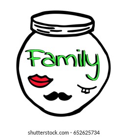 Hand drawn doodle jar with  red lips, smile, mustache, smile with teeth isolated on white background. Family.Vector illustration.