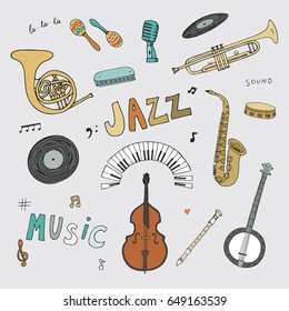 Hand drawn doodle jazz music instruments vector graphic set