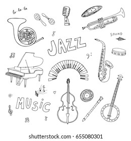 Hand drawn doodle jazz music instruments vector graphic set
