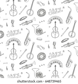 Hand drawn doodle jazz musical instruments vector graphic pattern