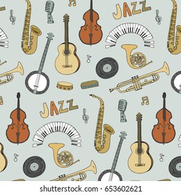 Hand drawn doodle jazz musical instruments vector graphic pattern