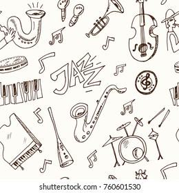 Hand drawn doodle jazz seamless pattern Vector illustration. Symbol collection.