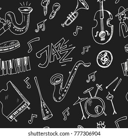 Hand drawn doodle jazz seamless pattern Vector illustration. Symbol collection.