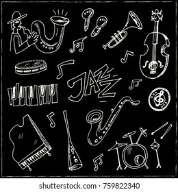 Hand drawn doodle jazz set. Vector illustration. Isolated elements on chalkboard background. Symbol collection.