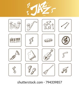 Hand drawn doodle jazz set. Vector illustration. Isolated elements on white background. Symbol collection.