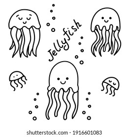 Hand drawn doodle jellyfish. Black funny cute outlined underwater animal. Coloring book for children. Vector illustration isolated on white