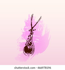 Hand drawn doodle jewelry, bijou, pendant. Brown object, pink watercolor background. Design illusrtration, template for poster, flyer.