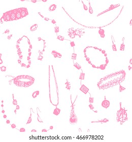 Hand drawn doodle jewelry, bijou seamless pattern. Pink objects, white background. Design illusrtration for poster, flyer.