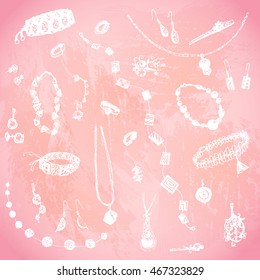 Hand drawn doodle jewelry, bijou. White objects, pink watercolor background. Design illustration for poster, flyer. EPS 10